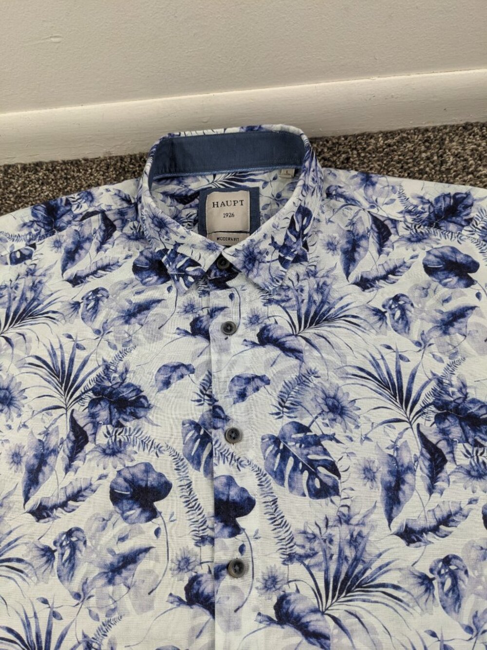 Haupt Shirt Caldwell Linen Blend Button Up Floral Short Sleeve Blue Mens Large